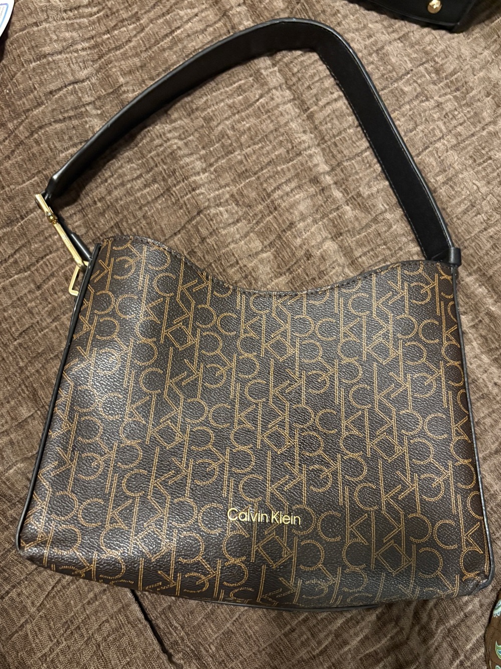 Calvin Klein Brown Monogram Hobo Shoulder Bag with Black Strap